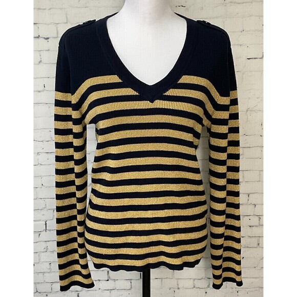 Ralph Lauren Jeans Company Womens Sweater Navy Gold Striped V Neck Size L U1 - Picture 2 of 12